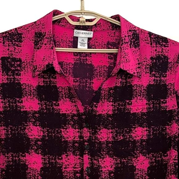 Catherines pink black tunic blouse top 2X v-neck popover collar roll tab sleeve - Picture 3 of 9